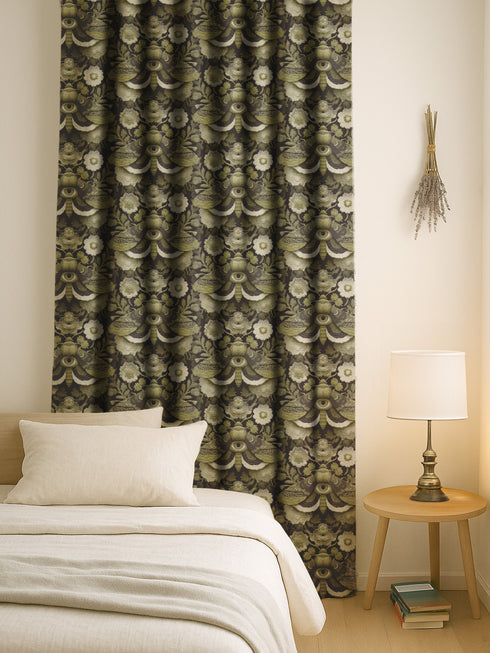 Blackout curtain panel featuring mystical moth pattern with all-seeing eyes, crescent moons, and botanical florals in olive green, cream, and charcoal colors on dark background. Heavyweight polyester fabric with rich satiny texture, rod pocket construction, gothic home decor, witchy aesthetic, occult symbolism, apothecary style window treatment for bedroom or living room